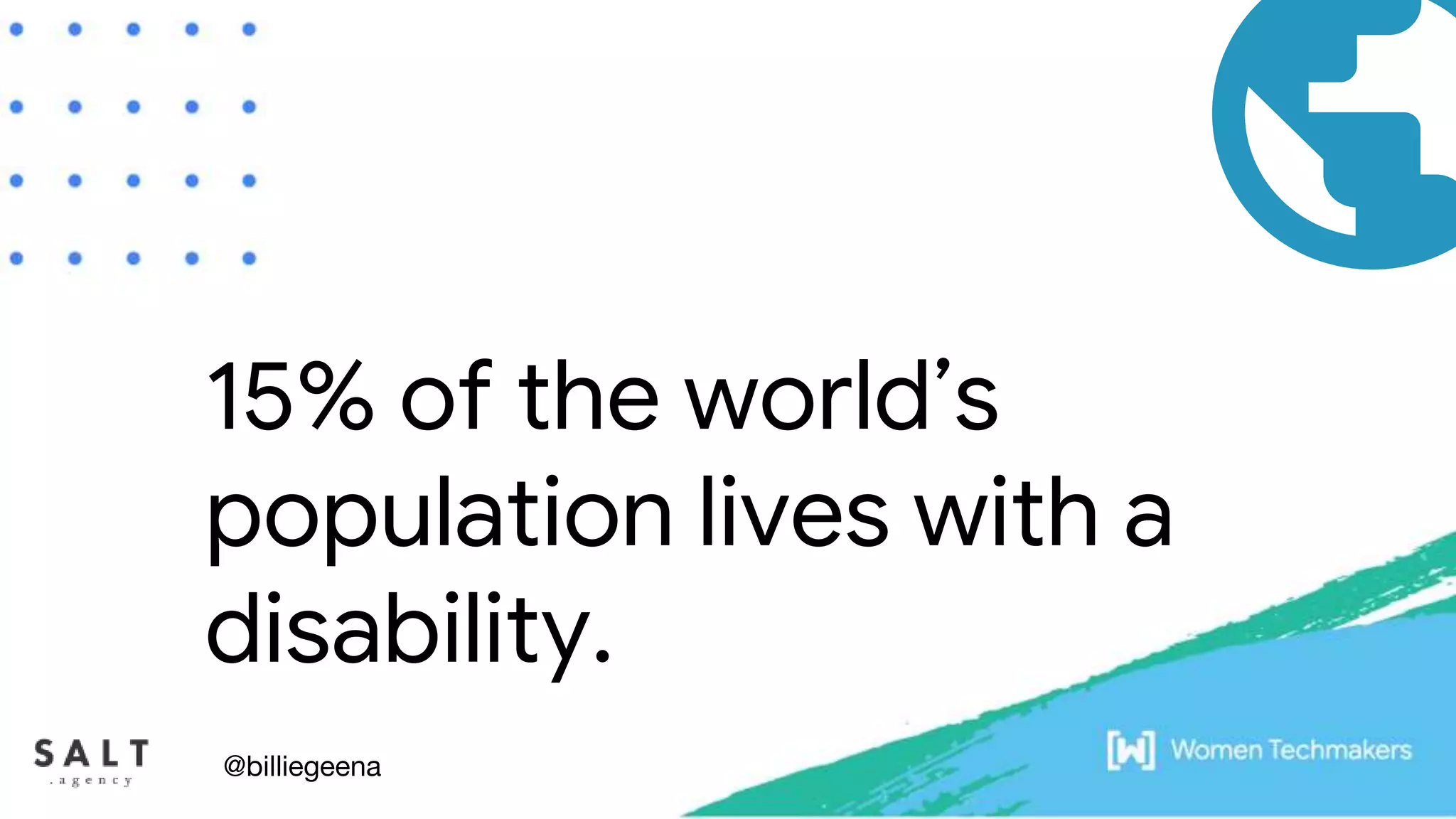 15% of the world’s
population lives with a
disability.
@billiegeena
 