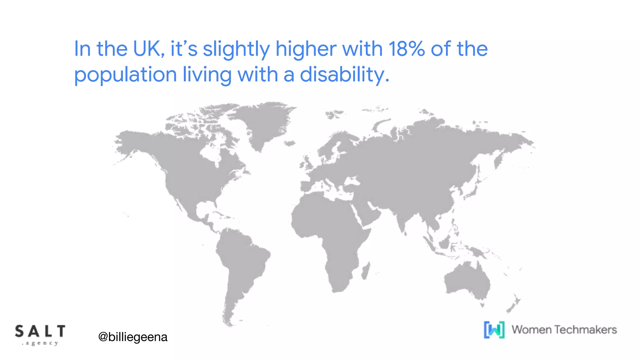 In the UK, it’s slightly higher with 18% of the
population living with a disability.
@billiegeena
 