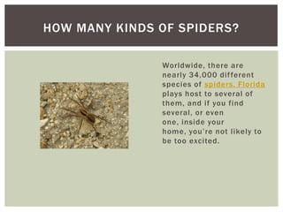 HOW MANY KINDS OF SPIDERS?

               Worldwide, there are
               nearly 34,000 dif ferent
               spe...