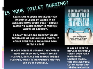 Leaks can account for more than
10,000 gallons of water in an
average home every year - enough
water to wash nearly 10 months'
worth of laundry.
A leaky toilet can silently waste
thousands of gallons in a month. It
could even fill a swimming pool
after a year!
If your toilet is leaking, the cause is
most often an old, faulty toilet
flapper. Replace the whole rubber
flapper, which is inexpensive and you
can do it yourself.
If you do need to
replace the whole
toilet, look for a
Watersense
labeled model.
This can save you a
lot of money and
the earth a lot ofAshley Jonelis
 