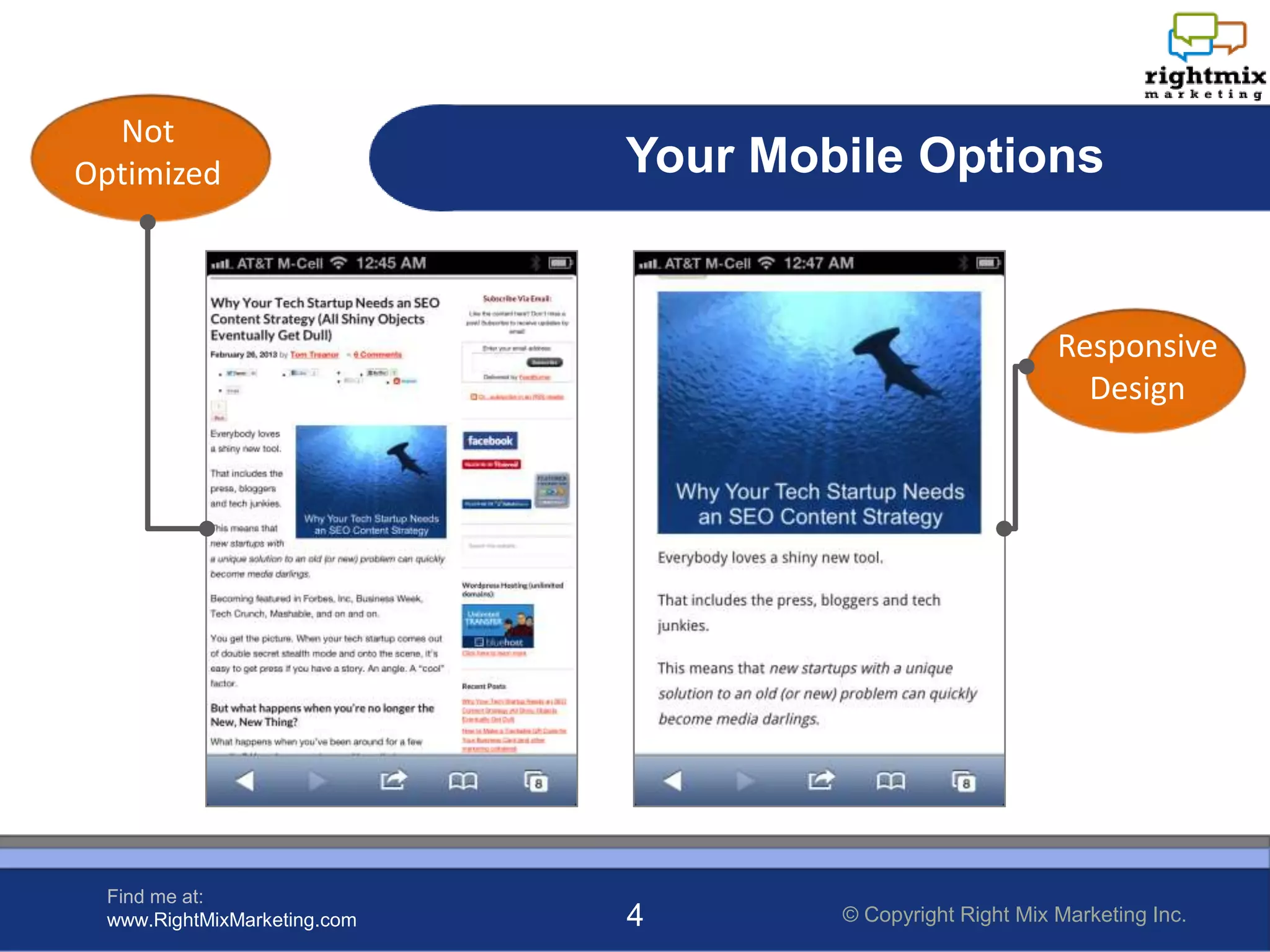 Not
Optimized                    Your Mobile Options


                                                           Responsive
                                                             Design




 Find me at:
 www.RightMixMarketing.com   4       © Copyright Right Mix Marketing Inc.
 
