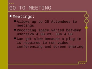 GO TO MEETING
 Meetings:
 Allows

up to 25 Attendees to
meetings
 Recording space varied between
users126.4 GB vs. 384.4 GB
 Can get slow because a plug in
is required to run video
conferencing and screen sharing

 