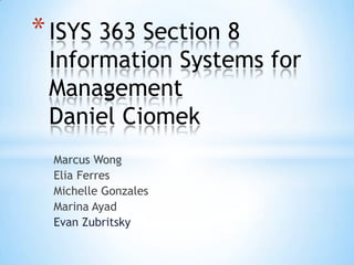 Marcus Wong
Elia Ferres
Michelle Gonzales
Marina Ayad
Evan Zubritsky
*ISYS 363 Section 8
Information Systems for
Management
Daniel Ciomek
 