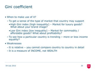 Gini coefficient

• When to make use of it?
 – To get a sense of the type of market that country may support
   • High Gin...