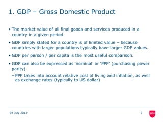 1. GDP – Gross Domestic Product

• The market value of all final goods and services produced in a
  country in a given per...
