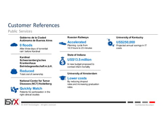 © ISYX Technologies - All rights reserved. Confidential Document
Customer	References
Public	 Services
Russian Railways
Accelerated
Planning cycle from
14.5 hours to 23 minutes
State of Indiana
US$13.5 million
In new budget proposed to
combat infant mortality
University of Kentucky
US$250,000
Projected annual savings in IT
costs
Kardinal
Schwarzenberg’sches
Krankenhaus
Betriebsgesellschaft m.b.H.
Reduced
Total cost of ownership
National Center for Tumor
Diseases (NCT) Heidelberg
Quickly Match
Patients for participation in the
right clinical studies
Gobierno de la Ciudad
Autónoma de Buenos Aires
0 floods
After three days of torrential
rain’ before Kardinal
University of Amsterdam
Lower costs
By reducing dropout
rates and increasing graduation
rates
 