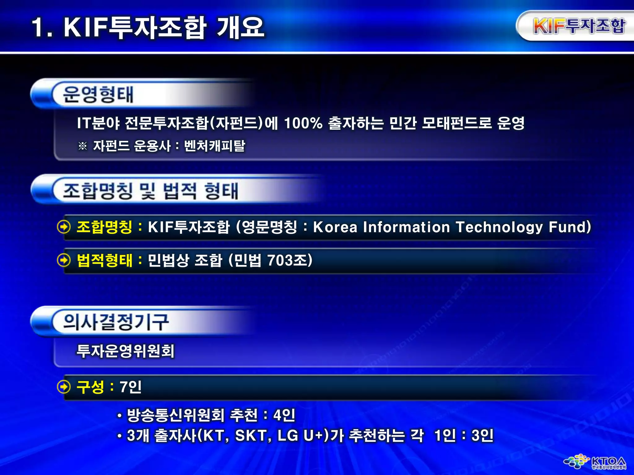 1. KIF투자조합 개요IT분야 전문투자조합(자펀드)에 100% 출자하는 민간 모태펀드로 운영※ 자펀드운용사: 벤처캐피탈구성 : 7인법적형태: 민법상 조합 (민법 703조)조합명칭 : KIF투자조합 (영문명칭 : Korea Information Technology Fund)투자운영위원회방송통신위원회 추천 : 4인