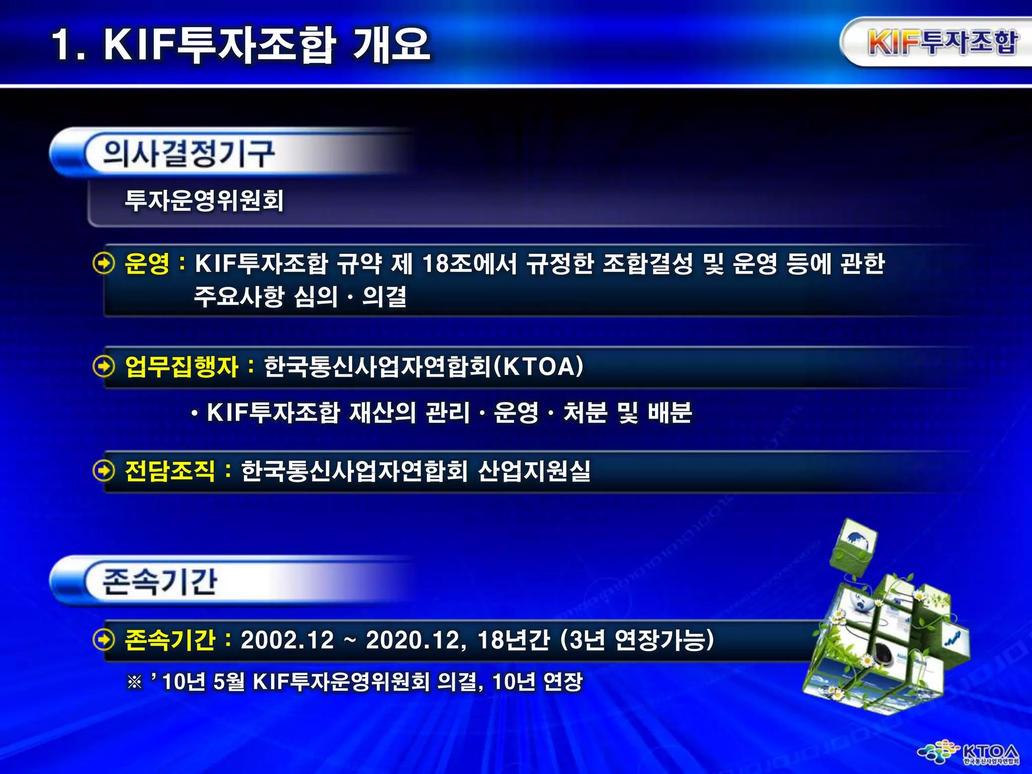  3개 출자사(KT, SKT, LG U+)가 추천하는 각  1인 : 3인1. KIF투자조합 개요운영 : KIF투자조합 규약 제 18조에서 규정한 조합결성 및 운영 등에 관한주요사항 심의ㆍ의결투자운영위원회 KIF투자조합 재산의 관리ㆍ운영ㆍ처분 및 배분업무집행자 : 한국통신사업자연합회(KTOA)존속기간 : 2002.12 ~ 2020.12, 18년간 (3년 연장가능)전담조직 : 한국통신사업자연합회 산업지원실※ ’10년 5월 KIF투자운영위원회 의결, 10년 연장