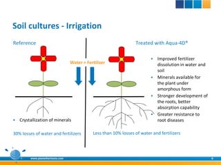 Soil cultures - Irrigation
Reference                                                         Treated with Aqua-4D®

                                                                           Improved fertilizer
                                  Water + Fertilizer                        dissolution in water and
                                                                            soil
                                                                           Minerals available for
                                                                            the plant under
                                                                            amorphous form
                                                                           Stronger development of
                                                                            the roots, better
                                                                            absorption capability
                                                                           Greater resistance to
   Crystallization of minerals                                             root diseases

30% losses of water and fertilizers          Less than 10% losses of water and fertilizers




         www.planethorizons.com                                                                        6
 