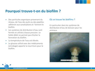 Pourquoi trouve-t-on du biofilm ?

 Des particules organiques provenant du       Où se trouve les biofilms ?
  réseau, de l'eau des puits ou des pipettes
  adhèrent aux canalisations et forment le     En particulier dans les systèmes de
  biofilm.                                     distribution d’eau de boisson pour les
 Les systèmes de distribution d’eau sont      animaux.
  fermés et utilisés à basse pression. Le
  faible débit ne permet pas d’éviter la
  formation du biofilm.
 La température de l’eau est élevée.
 Le glucose utilisé avec des médicaments
  (enrobage) apporte la nourriture pour le
  biofilm.




        www.planethorizons.com                                                          6
 