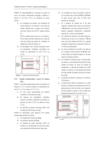 Instrução Técnica nº 11/2014 – Saídas de Emergência
_____________________________________________________________________________________________________
5.7.8.3 Na impossibilidade de colocação de janela na
caixa da escada enclausurada protegida, conforme a
alínea “c”, do item 5.7.8.1, os corredores de acesso
devem:
a. ser ventilados por janelas, com distâncias de
outras aberturas a no máximo 5 m da porta da
escada, abrindo para o espaço livre exterior,
com área mínima de 0,80 m2
, largura mínima
de
0,80 m, situadas junto ao teto ou, no mínimo, a
20 cm deste, devendo ainda prever no topo da
caixa de escada uma janela de ventilação ou
alçapão para saída da fumaça; ou
b. ter sua ligação com a caixa da escada por meio
de antecâmaras ventiladas, executadas nos
moldes do especificado no item 5.7.9.2 ou
5.7.10.
Figura 7 - Escada enclausurada protegida
5.7.9 Escadas enclausuradas à prova de fumaça
(PF)
5.7.9.1 As escadas enclausuradas à prova de fumaça (ver
Figuras 9, 10 e 11) devem atender ao estabelecido nos
itens 5.7.1 a 5.7.4, exceto o 5.7.3.1 “c”, e:
a. ter suas caixas enclausuradas por paredes
resistentes a 120 minutos de fogo;
b. ter ingresso por antecâmaras ventiladas,
terraços ou balcões, atendendo as primeiras ao
prescrito no item 5.7.9.2 e os últimos no item
5.7.10;
c. ser providas de portas corta-fogo (PCF) com
resistência de 60 minutos ao fogo.
5.7.9.2 As antecâmaras, para ingressos nas escadas
enclausuradas (Figura 9), devem:
a. ter comprimento mínimo de 1,8 m;
b. ter pé-direito mínimo de 2,5 m;
c. ser dotadas de porta corta-fogo (PCF) na
entrada e na comunicação da caixa da escada,
com resistência de 60 minutos de fogo cada;
d. ser ventiladas por dutos de entrada e saída de
ar, de acordo com os itens 5.7.9.5.2 a 5.7.9.5.4,
os quais devem ficar entre as PCFs para
garantia da ventilação;
e. ter a abertura de entrada de ar do duto
respectivo situada junto ao piso ou, no máximo,
a 20 cm deste, com área mínima de 0,84 m2
e,
quando retangular, obedecendo à proporção
máxima de 1:4 entre suas dimensões;
f. ter a abertura de saída de ar do duto respectivo
situada junto ao teto ou, no máximo, a 20 cm
deste, com área mínima de 0,84 m2
e, quando
retangular, obedecendo à proporção máxima de
1:4 entre suas dimensões;
g. ter, entre as aberturas de entrada e de saída de
ar, a distância vertical mínima de 30 cm, entre
a base inferior da abertura superior e da base
superior da abertura inferior;
h. ter a abertura de saída de gases e fumaça (DS),
no máximo, a uma distância horizontal de 3 m,
medida em planta, da porta de entrada da
antecâmara, e a abertura de entrada de ar (DE)
situada, no máximo, a uma distância horizontal
de 3 m, medida em planta, da porta de entrada
da escada;
i. ter paredes resistentes ao fogo por, no mínimo,
120 minutos;
j. as aberturas dos dutos de entrada de ar e saída
de gases e fumaças das antecâmaras devem ser
guarnecidas por telas de arame, com espessura
dos fios superior ou igual a 3 mm e malha com
dimensões mínimas de 2,5 cm por 2,5 cm.
Figura 8 - Ventilação da escada enclausurada protegida e seu
acesso
 