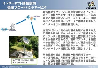 インターネット接続環境
   衛星ブロードバンドサービス                                QLiP
                                               CLUSTER

                            電話線や光ファイバー等の有線によるインター
                            ネット接続ができず、また３Ｇ携帯サービスの
                            電波の丌達地域において、インターネット接続
                            を行うための手段として、人工衛星を利用した
                            インターネット接続を検討した。

                            赤道36,000km上空の地球静止軌道に位置する人
                            口衛星を経由してインターネットに接続するた
                            め、アンテナ設置場所は南方上空が開けている
                            ことが条件ではあるが、高所にアンテナを設置
                            する必要はなく、また沖縄および離島を除く日
                            本全国どこでも利用可能なため、森林のＩＴ化、
                            インターネット接続には非常に適している。

                            単独設置の場合、機器込み初期費用３０～
                            ４０万円程度、月額５千円程度であるが、森林
             タイ王国 タイコム社提供   づくり活動全体での包拢契約を実施する場合に
             ＩＰＳＴＡＲサービス
                            は、更なる価格低減が可能。
© QLiP Project 2009 2011
  CLUSTER Project                               Page 12
 