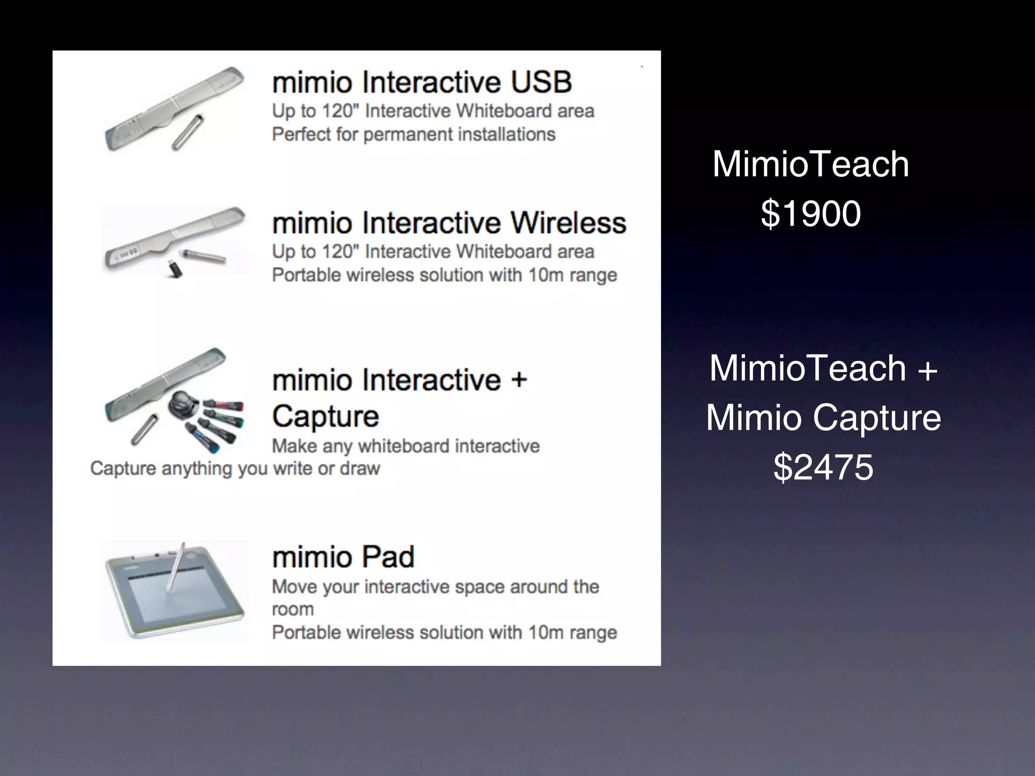 MimioTeach
  $1900



MimioTeach +
Mimio Capture
   $2475
 