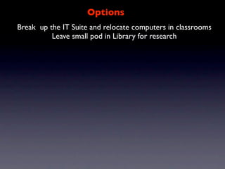 Options
Break up the IT Suite and relocate computers in classrooms
          Leave small pod in Library for research
 