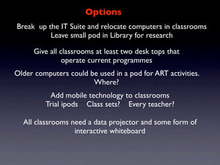 Options
Break up the IT Suite and relocate computers in classrooms
          Leave small pod in Library for research

      Give all classrooms at least two desk tops that
                operate current programmes
Older computers could be used in a pod for ART activities.
                       Where?
          Add mobile technology to classrooms
         Trial ipods Class sets? Every teacher?

  All classrooms need a data projector and some form of
                  interactive whiteboard
 