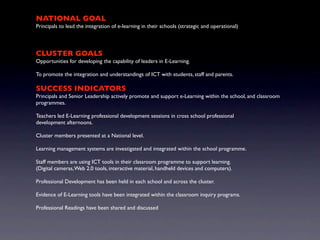 NATIONAL GOAL
Principals to lead the integration of e-learning in their schools (strategic and operational)



CLUSTER GOALS
Opportunities for developing the capability of leaders in E-Learning.

To promote the integration and understandings of ICT with students, staff and parents.

SUCCESS INDICATORS
Principals and Senior Leadership actively promote and support e-Learning within the school, and classroom
programmes.

Teachers led E-Learning professional development sessions in cross school professional
development afternoons.

Cluster members presented at a National level.

Learning management systems are investigated and integrated within the school programme.

Staff members are using ICT tools in their classroom programme to support learning.
(Digital cameras, Web 2.0 tools, interactive material, handheld devices and computers).

Professional Development has been held in each school and across the cluster.

Evidence of E-Learning tools have been integrated within the classroom inquiry programs.

Professional Readings have been shared and discussed
 