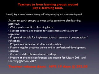 Teachers to form learning groups around
                      key e-learning tools.

Identify key areas of interest among staff using surveying and brainstorming used.

  Action research groups to meet twice termly to plan learning
  pathways.
  • Write goals speciﬁc to learning focus.
  • Success criteria and rubrics for assessment and classroom
  alignment.
  • Prepare timetable for implementation/assessment / presentations/
  reﬂection.
  • Prepare resources for students and teachers.
  • Present regular progress online and in professional development
  sessions.
  • Gather and distribute relevant readings.
  • Present at the mini conferences and submit for Ulearn 2011 and
  Learning@School 2012.
 Teacher release days: HPS 19 days @ 292.50
 