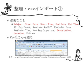 整理：csvインポート①

 必要なこと
     Subject, Start Date, Start Time, End Date, End Time,
     All Day Event, Reminder On/Off, Reminder Date,
     Reminder Time, Meeting Organizer, Description,
     Location, Private
 Csvはこんな感じ




参考： http://www.google.com/support/calendar/bin/answer.py?answer=45656
 