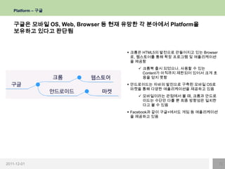Platform – 구글


    구글은 모바일 OS, Web, Browser 등 현재 유망한 각 분야에서 Platform을
    보유하고 있다고 판단됨


                                   크롬은 HTML5의 발전으로 만들어지고 있는 Browser
                                    로, 웹스토어를 통해 확장 프로그램 및 애플리케이션
                                    을 제공함
                                       크롬북 출시 되었으나, 사용할 수 있는
                                        Content가 아직까지 제한되어 있어서 크게 호
                                        응을 얻지 못함
                                   안드로이드는 자바의 발전으로 구축된 모바일 OS로
                                    마켓을 통해 다양한 애플리케이션을 제공하고 있음
                                       모바일이라는 관점에서 볼 때, 크롬과 안드로
                                        이드는 수단만 다를 뿐 최종 방향성은 일치한
                                        다고 볼 수 있음
                                   Facebook과 같이 구글+에서도 게임 등 애플리케이션
                                    을 제공하고 있음




2011-12-01                                                             12
 
