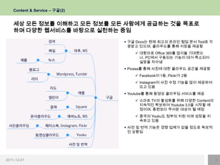 Content & Service – 구글(2)


    세상 모든 정보를 이해하고 모든 정보를 모든 사람에게 공급하는 것을 목표로
    하며 다양한 웹서비스를 바탕으로 실천하는 중임
                                 구글 Docs는 현재 최고의 온라인 협업 문서 Tool로 각
                                  광받고 있으며, 클라우드를 통해 저장을 제공함
                                     대항마로 Office 365를 많이들 기대했으
                                      나, PC에서 구동되는 기능이 대거 축소되어
                                      실망을 자아냄
                                 Picasa를 통해 사진에 대한 클라우드 공간을 제공함
                                     Facebook이 1등, Flickr가 2등
                                     Instagram이 사진 수정 기능을 많이 제공하여
                                      뜨고 있음
                                 Youtube를 통해 동영상 클라우딩 서비스를 제공
                                     스마트 TV의 활성화를 위해 다양한 Content의
                                      지속적인 확보하여 Youtube 3.0을 시작할 예
                                      정이며, 종편보다 무서운 대상이 될 예정
                                     중국의 Youku도 정부의 지원 아래 성장을 지
                                      속하고 있음
                                 사전 및 번역 기능은 경쟁 업체가 없을 정도로 독보적
                                  인 상황임




2011-12-01                                                            6
 
