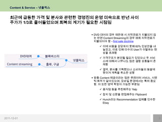 Content & Service – 넷플릭스


    최근에 급등한 가격 및 분사와 관련한 경영진의 운영 미숙으로 반년 사이
    주가가 1/3로 줄어들었으며 회복의 계기가 필요한 시점임

                                DVD 대여의 경우 재판매 시 저작권료가 지불되지 않
                                 는 반면 Content Streaming의 경우 매회 저작권료가
                                 지불되어야 함 - first sale doctrine
                                    이에 비용을 감당하지 못해 60% 인상안을 내
                                     놓았고, 이로 인해 다수의 User가 이탈하는 현
                                     상을 초래함
                                    가격구조가 분리될 필요가 있었으나 두 서비
                                     스에 대해서 너무나도 많은 결합 상품들이 존
                                     재함
                                    결국, 분사를 기획했으나 소비자들의 등쌀에
                                     못이겨 계획을 취소한 상황
                                맞춤 Content 제공이라는 점은 큐레이터 서비스, 시멘
                                 틱 화두가 닮아있으며, 모바일 환경에서는 특히 중요
                                 함. 이 또한 영역 확장이 가능한 부분임
                                    음식점 등을 추천해주는 Yelp
                                    잡지 및 신문을 편집해주는 Flipboard
                                    Hunch라는 Recommendation 업체를 인수한
                                     Ebay




2011-12-01                                                             9
 