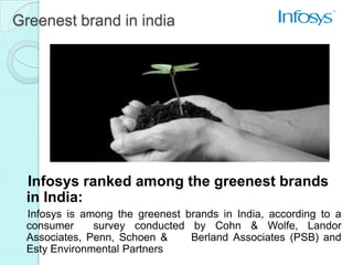 Greenest brand in india




 Infosys ranked among the greenest brands
 in India:
 Infosys is among the greenest brands in India, according to a
 consumer     survey conducted by Cohn & Wolfe, Landor
 Associates, Penn, Schoen &     Berland Associates (PSB) and
 Esty Environmental Partners
 