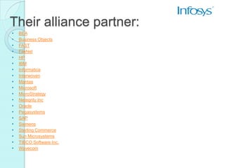 Their alliance partner:
   BEA
   Business Objects
   FAST
   FileNet
   HP
   IBM
   Informatica
   Interwoven
   Mantas
   Microsoft
   MicroStrategy
   Netegrity Inc
   Oracle
   Pegasystems
   SAP
   Siemens
   Sterling Commerce
   Sun Microsystems
   TIBCO Software Inc.
   Wavecom
 