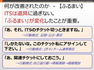 Shimadzu Business Systems


何が改善されたのか - 【ふるまい】
ITSは道具に過ぎない。
「ふるまい」が変化したことが重要。
「あ、それ、ITSのチケット切っときますね。」
     →行動様式： 記録・公示・責任

「しかたないな。このチケット私にアサインして
下さい。」 →行動様式： (渋々) チーム連帯責任

「あ、関連チケットにしておこう。」
   →行動様式：自己益行動→情報連鎖→価値増加
 