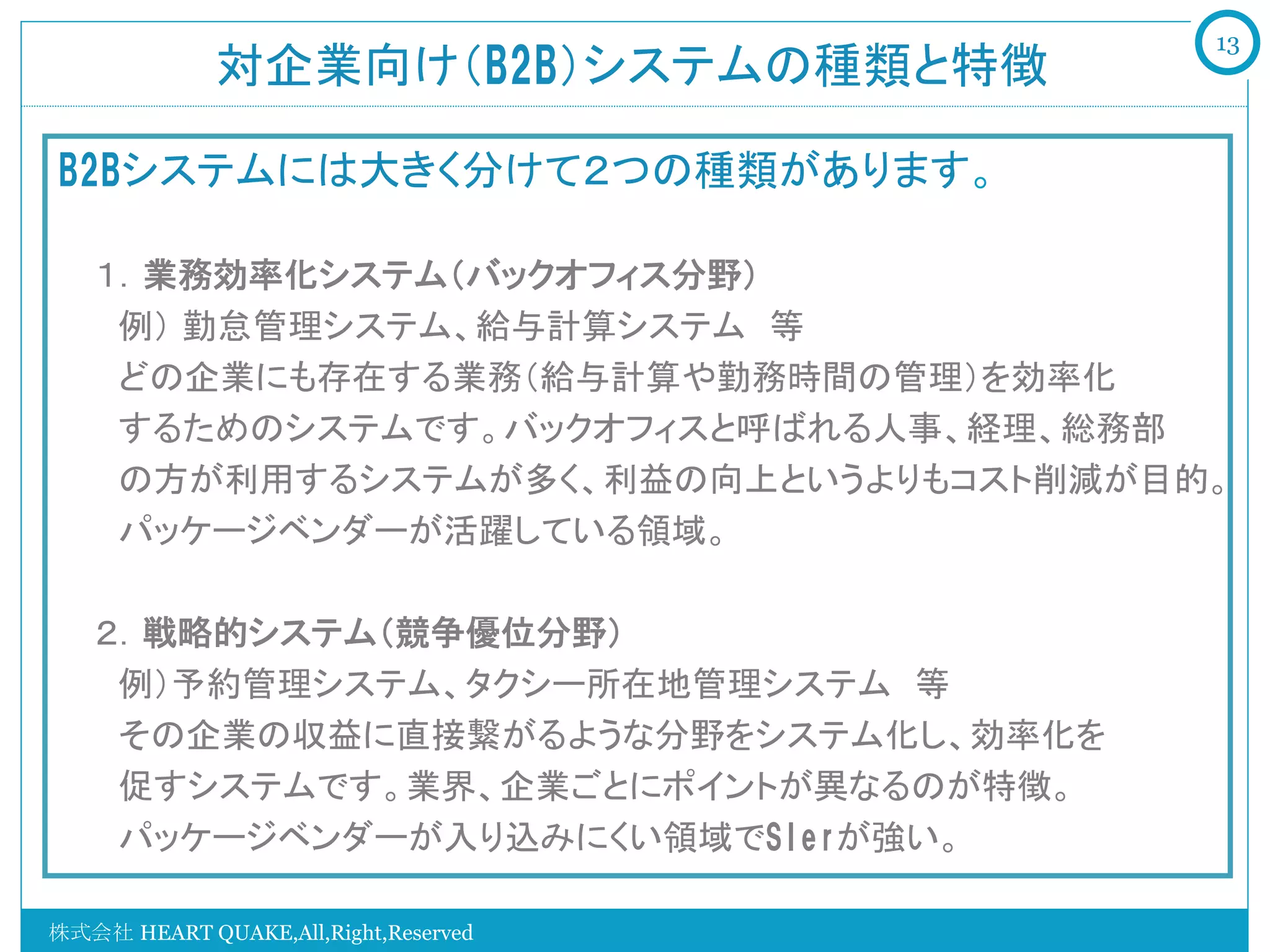 13
             対企業向け（B2B）システムの種類と特徴

B2Bシステムには大きく分けて２つの種類があります。

   １．業務効率化システム（バックオフィス分野）
   　例） 勤怠管理システム、給与計算システム　等
   　どの企業にも存在する業務（給与計算や勤務時間の管理）を効率化
   　するためのシステムです。バックオフィスと呼ばれる人事、経理、総務部
   　の方が利用するシステムが多く、利益の向上というよりもコスト削減が目的。
   　パッケージベンダーが活躍している領域。

   ２．戦略的システム（競争優位分野）
   　例）予約管理システム、タクシー所在地管理システム　等
   　その企業の収益に直接繋がるような分野をシステム化し、効率化を
   　促すシステムです。業界、企業ごとにポイントが異なるのが特徴。
   　パッケージベンダーが入り込みにくい領域でSIerが強い。

株式会社 HEART QUAKE,All,Right,Reserved
 