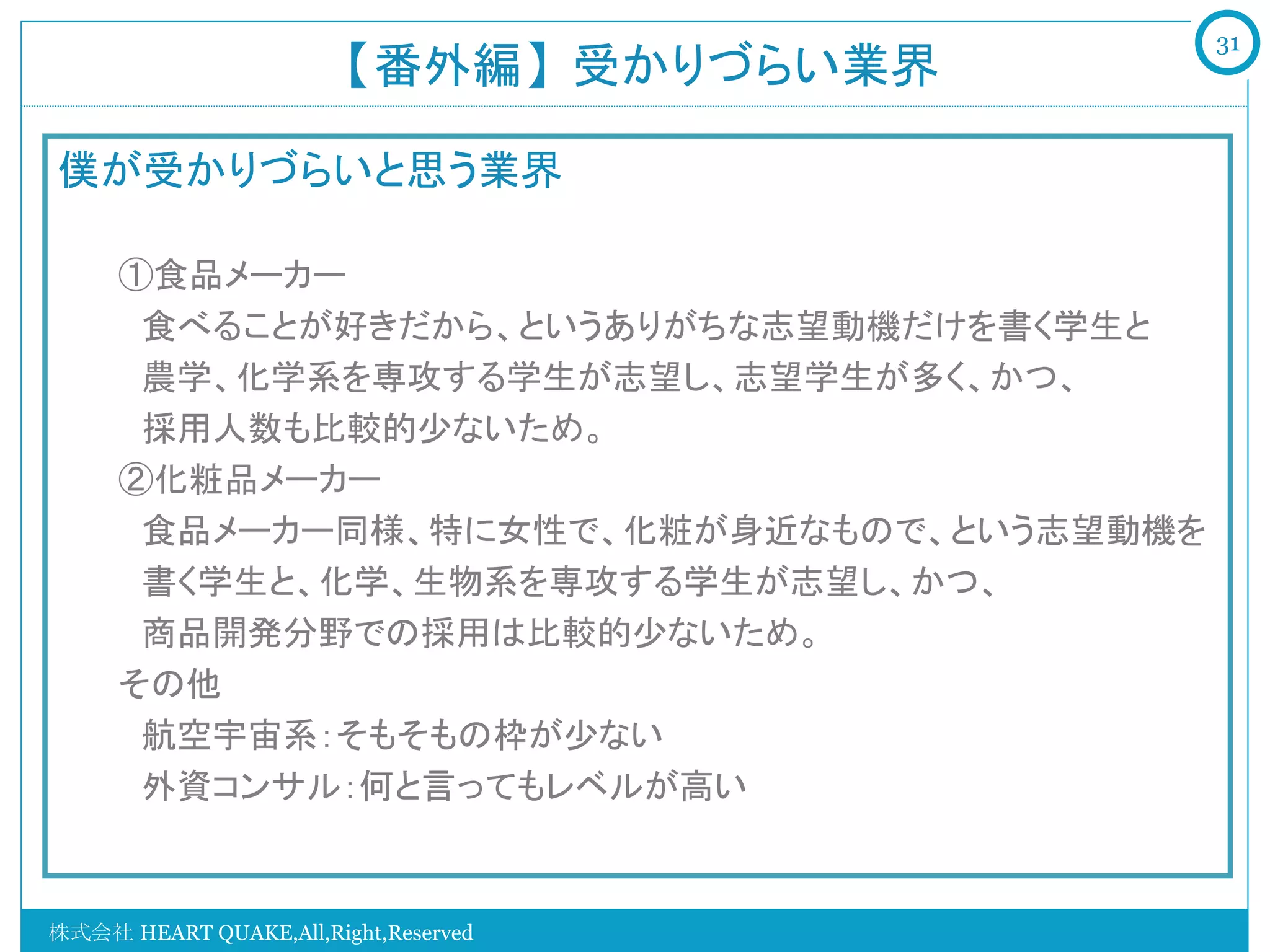 31
                      【番外編】受かりづらい業界	

僕が受かりづらいと思う業界
   　　
   　①食品メーカー
   　　食べることが好きだから、というありがちな志望動機だけを書く学生と
   　　農学、化学系を専攻する学生が志望し、志望学生が多く、かつ、
   　　採用人数も比較的少ないため。
   　②化粧品メーカー
   　　食品メーカー同様、特に女性で、化粧が身近なもので、という志望動機を
   　　書く学生と、化学、生物系を専攻する学生が志望し、かつ、
   　　商品開発分野での採用は比較的少ないため。
   　その他
   　　航空宇宙系：そもそもの枠が少ない
   　　外資コンサル：何と言ってもレベルが高い
   　　

株式会社 HEART QUAKE,All,Right,Reserved
 