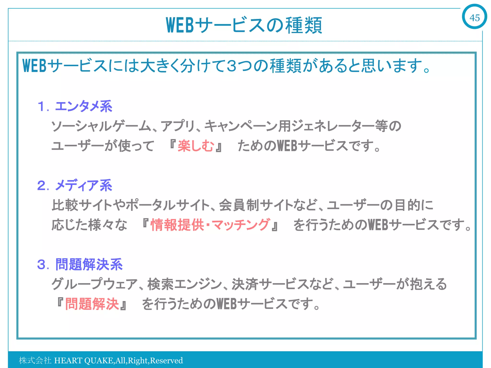 45
                               WEBサービスの種類

WEBサービスには大きく分けて３つの種類があると思います。

    １．エンタメ系
       ソーシャルゲーム、アプリ、キャンペーン用ジェネレーター等の
       ユーザーが使って　『楽しむ』　ためのWEBサービスです。
    　
    ２．メディア系
       比較サイトやポータルサイト、会員制サイトなど、ユーザーの目的に
       応じた様々な　『情報提供・マッチング』　を行うためのWEBサービスです。

    ３．問題解決系
       グループウェア、検索エンジン、決済サービスなど、ユーザーが抱える
       『問題解決』　を行うためのWEBサービスです。

   　
株式会社 HEART QUAKE,All,Right,Reserved
 