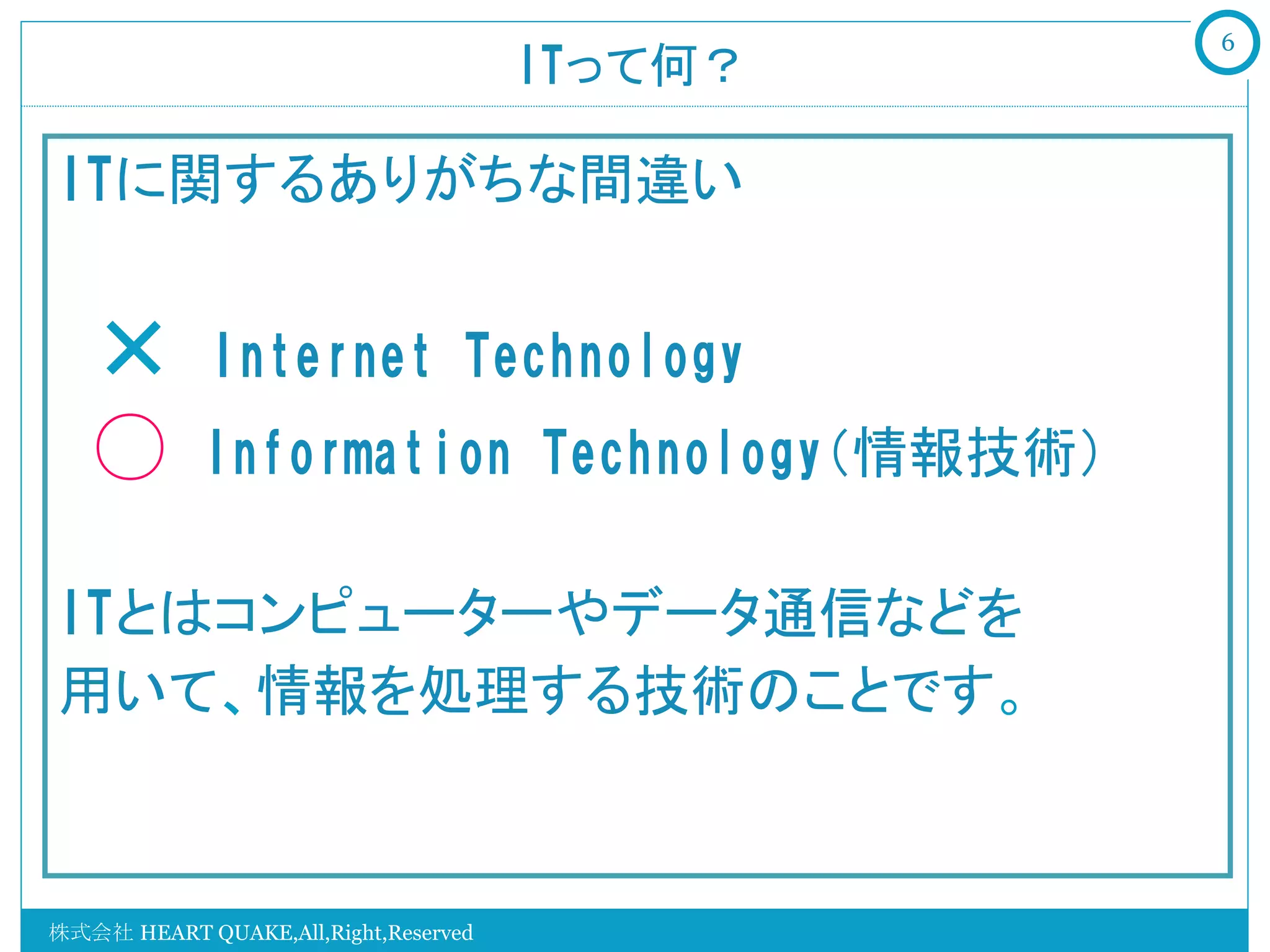 6
                                      ITって何？

ITに関するありがちな間違い


   ×　Internet  Technology
   ◯　Information  Technology（情報技術）

ITとはコンピューターやデータ通信などを
用いて、情報を処理する技術のことです。



株式会社 HEART QUAKE,All,Right,Reserved
 
