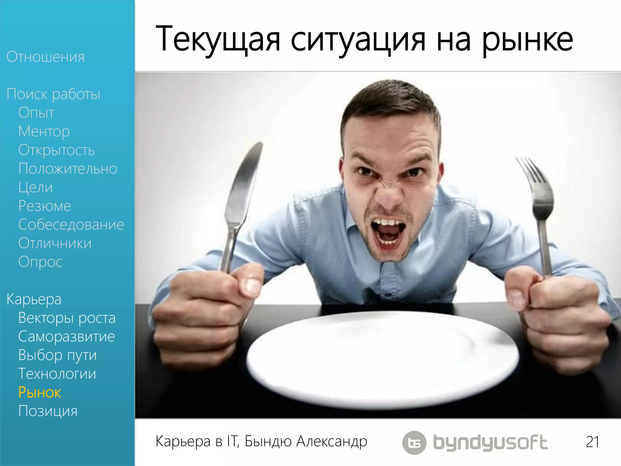 Отношения
                 Текущая ситуация на рынке
Поиск работы
 Опыт
 Ментор
 Открытость
 Положительно
 Цели
 Резюме
 Собеседование
 Отличники
 Опрос

Карьера
 Векторы роста
 Саморазвитие
 Выбор пути
 Технологии
 Рынок
 Позиция
                 Карьера в IT, Бындю Александр   21
 