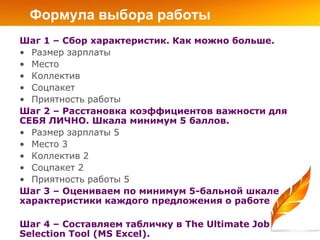 Формула выбора работы
Шаг 1 – Сбор характеристик. Как можно больше.
• Размер зарплаты
• Место
• Коллектив
• Соцпакет
• Приятность работы
Шаг 2 – Расстановка коэффициентов важности для
СЕБЯ ЛИЧНО. Шкала минимум 5 баллов.
• Размер зарплаты 5
• Место 3
• Коллектив 2
• Соцпакет 2
• Приятность работы 5
Шаг 3 – Оцениваем по минимум 5-бальной шкале
характеристики каждого предложения о работе

Шаг 4 – Составляем табличку в The Ultimate Job
Selection Tool (MS Excel).
 