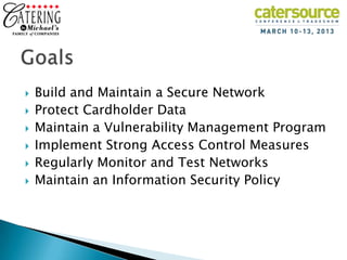    Build and Maintain a Secure Network
   Protect Cardholder Data
   Maintain a Vulnerability Management Program
   Implement Strong Access Control Measures
   Regularly Monitor and Test Networks
   Maintain an Information Security Policy
 