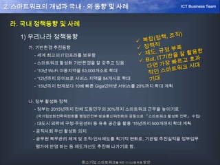 라. 국내 정책동향 및 사례
1) 우리나라 정책동향
가. 기반환경 추진동향
- 세계 최고의 IT인프라를 보유함
- 스마트워크 활성화 기반환경을 잘 갖추고 있음
- ‘10년 Wi-Fi 이용지역을 53,000개소로 확대
- ’12년까지 와이브로 서비스 지역을 84개시로 확대
- ‘15년까지 현재보다 10배 빠른 Giga인터넷 서비스를 20%까지 확대 계획
나. 정부 활성화 정책
- 정부는 2015년까지 전체 도동인구의 30%까지 스마트워크 근무율 높이기로
(국가정보화전략위원회를 행정안전부·방송통신위원화와 공동으로 「스마트워크 활성화 전략」 수립)
- 대도시 외곽에 구청·주민센터 등 유휴 공간을 활용 ’15년까지 500개까지 확대 계획
- 공직사회 우선 활성화 의지
- 공무원 복무관리 체계 및 조직·인사제도를 획기적 변화로, 기관별 추진실적을 정부업무
평가에 반영 하는 등 제도개선도 추진해 나가기로 함.
중소기업 스마트워크를 위한 IT시스템 확충 방안
ICT Business Team2. 스마트워크의 개념과 국내 · 외 동향 및 사례
 