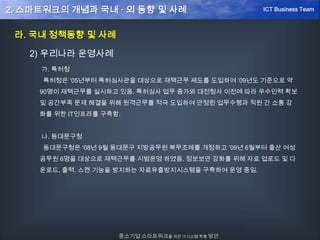 라. 국내 정책동향 및 사례
2) 우리나라 운영사례
가. 특허청
특허청은 ‘05년부터 특허심사관을 대상으로 재택근무 제도를 도입하여 ’09년도 기준으로 약
90명이 재택근무를 실시하고 있음. 특허심사 업무 증가와 대전청사 이전에 따라 우수인력 확보
및 공간부족 문제 해결을 위해 원격근무를 적극 도입하여 안정된 업무수행과 직원 간 소통 강
화를 위한 IT인프라를 구축함.
나. 동대문구청
동대문구청은 ‘08년 9월 동대문구 지방공무원 복무조례를 개정하고 ’09년 6월부터 출산 여성
공무원 6명을 대상으로 재택근무를 시범운영 하였음. 정보보안 강화를 위해 자료 업로드 및 다
운로드, 출력, 스캔 기능을 방지하는 자료유출방지시스템을 구축하여 운영 중임.
중소기업 스마트워크를 위한 IT시스템 확충 방안
ICT Business Team2. 스마트워크의 개념과 국내 · 외 동향 및 사례
 