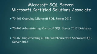 Microsoft SQL Server:
Microsoft Certified Solutions Associate
 70-461 Querying Microsoft SQL Server 2012
 70-462 Administering Microsoft SQL Server 2012 Databases
 70-463 Implementing a Data Warehouse with Microsoft SQL
Server 2012
 