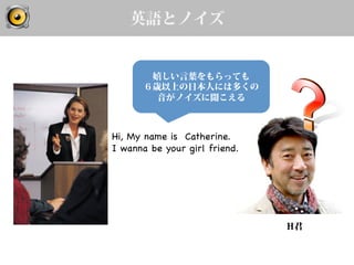 英語とノイズ
Hi, My name is Catherine.
I wanna be your girl friend.	
嬉しい言葉をもらっても
６歳以上の日本人には多くの
音がノイズに聞こえる
H君
 
