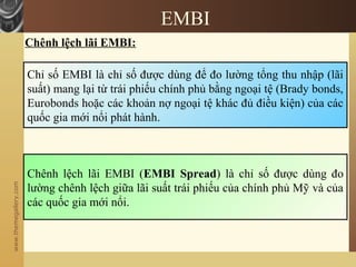 www.themegallery.com
EMBI
Chênh lệch lãi EMBI:
Chỉ số EMBI là chỉ số được dùng để đo lường tổng thu nhập (lãi
suất) mang lại từ trái phiếu chính phủ bằng ngoại tệ (Brady bonds,
Eurobonds hoặc các khoản nợ ngoại tệ khác đủ điều kiện) của các
quốc gia mới nổi phát hành.
Chênh lệch lãi EMBI (EMBI Spread) là chỉ số được dùng đo
lường chênh lệch giữa lãi suất trái phiếu của chính phủ Mỹ và của
các quốc gia mới nổi.
 