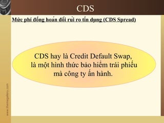 www.themegallery.com
CDS
CDS hay là Credit Default Swap,
là một hình thức bảo hiểm trái phiếu
mà công ty ấn hành.
Mức phí đồng hoán đổi rủi ro tín dụng (CDS Spread)
 