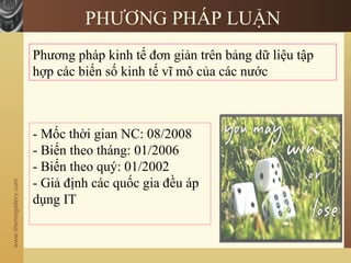 www.themegallery.com
PHƯƠNG PHÁP LUẬN
Phương pháp kinh tế đơn giản trên bảng dữ liệu tập
hợp các biến số kinh tế vĩ mô của các nước
- Mốc thời gian NC: 08/2008
- Biến theo tháng: 01/2006
- Biến theo quý: 01/2002
- Giả định các quốc gia đều áp
dụng IT
 