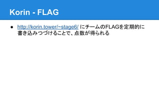 Korin - FLAG
● http://korin.tower/~stage6/ にチームのFLAGを定期的に
書き込みつづけることで、点数が得られる

 