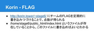 Korin - FLAG
● http://korin.tower/~stage6/ にチームのFLAGを定期的に
書き込みつづけることで、点数が得られる
● /home/stage6/public_html/index.html というファイルが存
在していることから、このファイルに書き込めばよいとわかる

 