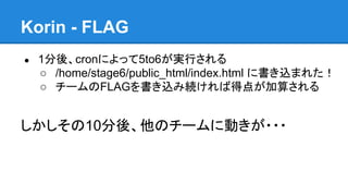 Korin - FLAG
●

1分後、cronによって5to6が実行される
○ /home/stage6/public_html/index.html に書き込まれた！
○ チームのFLAGを書き込み続ければ得点が加算される

しかしその10分後、他のチームに動きが・・・

 