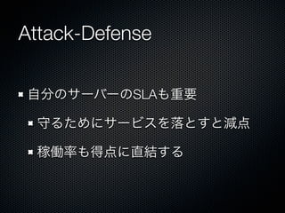 Attack-Defense
自分のサーバーのSLAも重要
守るためにサービスを落とすと減点
稼働率も得点に直結する

 