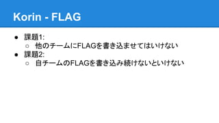 Korin - FLAG
● 課題1:
○ 他のチームにFLAGを書き込ませてはいけない
● 課題2:
○ 自チームのFLAGを書き込み続けないといけない

 