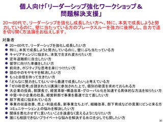 30
個人向け「リーダーシップ強化ワークショップ＆
問題解決支援」
20～60代で、リーダーシップを強化し成長したい方へ。特に、本気で成長しようと努
力しているのに、壁に当たっている方のブレークスルーを強力に後押しし、自力で道
を切り開く方法論をお伝えします。
 20～60代で、リーダーシップを強化し成長したい方
 特に、本気で成長しようと努力しているのに、壁にぶち当たっている方
 キャリアチェンジに悩まれ、本気で生まれ変わりたい方
 定年退職前に自立したい方
 留学に向けた準備をしたい方
 前向き、ポジティブな思考を身につけたい方
 頭の中のモヤモヤを解消したい方
 もっと自信を持って生きたい方
 「どんなに努力をしてもいいから最速で成長したい」と考えている方
 「ゼロ秒思考」を読まれたり講演に参加された上で、個別の助言を求めておられる方
 大企業の役員、部課長で、経営革新・構造改革・グローバル化を加速する具体的な方法を知りたい方
 中堅・中小企業の社長、経営幹部で事業を最速で立て直したい方
 部下育成に悩まれている方
 事業の収益改善、売上・利益成長、新事業立ち上げ、組織改革、部下育成などの言葉にピンと来る方
 コミュニケーション上の悩みを解決したい方
 関係を悪化させずに言いたいことを遠慮なく言えるようになりたい方
 誰にも相談できないプライベートな悩みを解決する糸口を少しでも探したい方
対象者
 