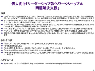 31
 「躊躇していましたが、明確なアドバイスをいただき、もやもやが消えました」
 「とても楽になりました」
 「外から見た意見をストレートに行っていただけて、やっぱりそうだったかと、目が覚めました」
 「一般的な世間のコーチングでは到底たどりつけない解を得られました」
 「今までも情報収集は積極的にしていたつもりでしたが、いかに偏った範囲でしか物事を見ていなかったのだなと痛感
しております」
参加者の声
 リーダーシップ、問題把握・解決力、コミュニケーション力を強化する特訓をしていただきながら、個人向け問題解決支
援コンサルティングによる具体的助言に基づき、自信を持ってご自身の問題解決に取り組んでいただけるようにします
 ホワイトボードの活用のしかた、会議のファシリテーションのしかた、頭のモヤモヤ解消のしかた、けんか仲裁のしかた
など、すぐに役に立つ実戦的な方法を身につけていただきます
 ワークショップ直後に一度、3週間以内にもう一度、個別面談により、プライバシー厳守での問題解決支援コンサルティ
ングを実施し、最速での問題解決を支援します（1時間 x 2回）
 コース終了後も、メールでいつでも相談していただけますので、安心して新しいチャレンジに取り組んでいただけます
 マッキンゼー14年を含む28年のトップマネジメントコンサルティング経験により、世界的な視点から助言します
 問題点の把握、整理、解決策立案がものすごく早いことに驚かれると思います。あっという間に問題の本質に切り込み
ます
特長
 第5～10期（1/10（土）から）各6人 http://b-t-partners.com/akaba/index.php/archives/682#more-682
スケジュール
個人向け「リーダーシップ強化ワークショップ＆
問題解決支援」
 