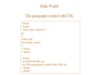 <html>
<head>
<style type=“text/css”>
p
{
color: red;
text-align: center;
}
</style>
</head>
<body>
<p>Hello World!</p>
<p>This paragraph is styled with CSS</p>
</body>
</html>
 